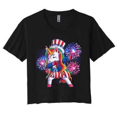 Funny Fourth Of July Fireworks Dabbing Unicorn Crop Top