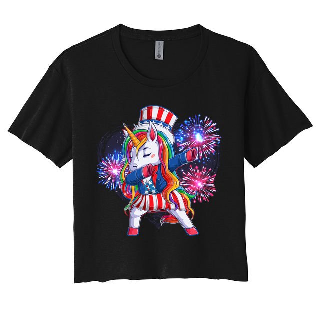 Funny Fourth Of July Fireworks Dabbing Unicorn Crop Top