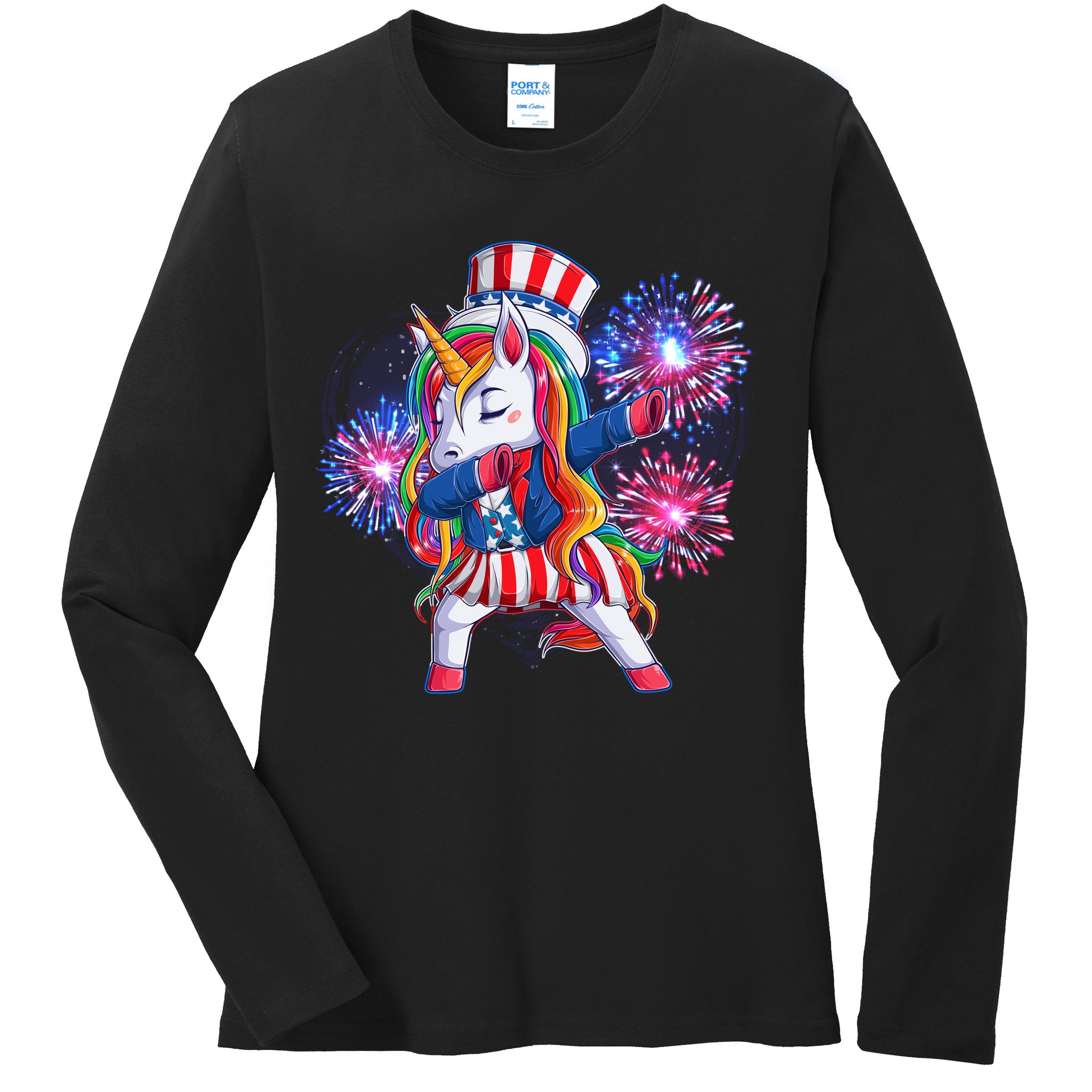 Funny Fourth Of July Fireworks Dabbing Unicorn Ladies Long Sleeve Shirt