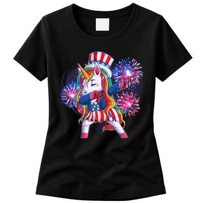 Funny Fourth Of July Fireworks Dabbing Unicorn Womens T-Shirt