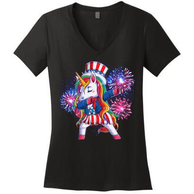 Funny Fourth Of July Fireworks Dabbing Unicorn Women's V-Neck T-Shirt
