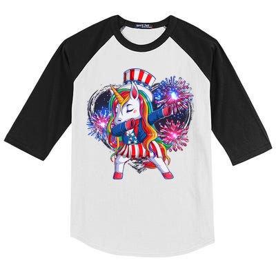 Funny Fourth Of July Fireworks Dabbing Unicorn Kids Colorblock Raglan Jersey