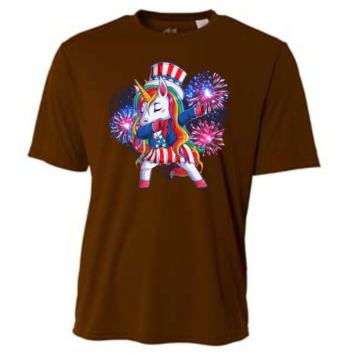 Funny Fourth Of July Fireworks Dabbing Unicorn Cooling Performance Crew T-Shirt