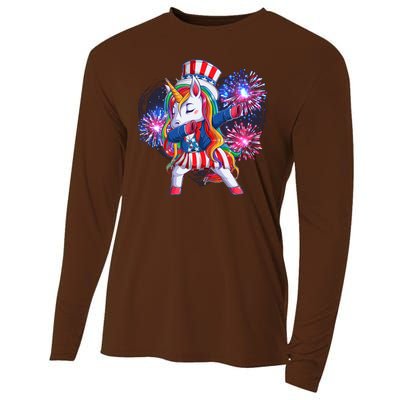 Funny Fourth Of July Fireworks Dabbing Unicorn Cooling Performance Long Sleeve Crew