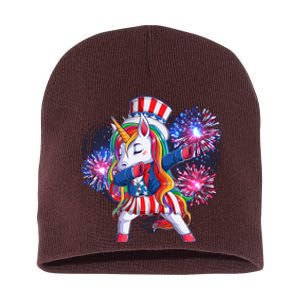 Funny Fourth Of July Fireworks Dabbing Unicorn Short Acrylic Beanie