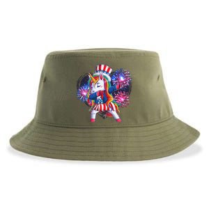 Funny Fourth Of July Fireworks Dabbing Unicorn Sustainable Bucket Hat