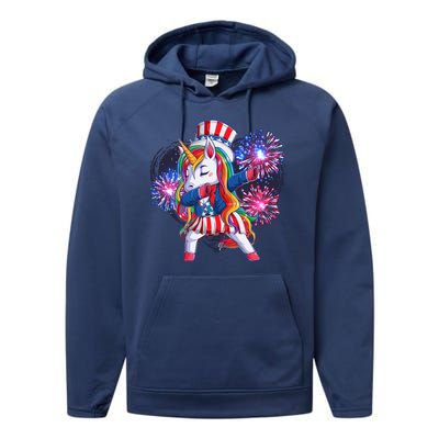 Funny Fourth Of July Fireworks Dabbing Unicorn Performance Fleece Hoodie