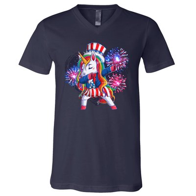 Funny Fourth Of July Fireworks Dabbing Unicorn V-Neck T-Shirt