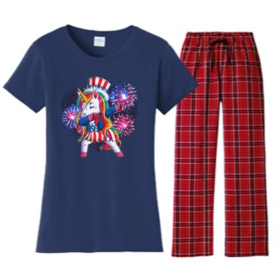 Funny Fourth Of July Fireworks Dabbing Unicorn Women's Flannel Pajama Set