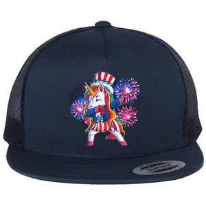 Funny Fourth Of July Fireworks Dabbing Unicorn Flat Bill Trucker Hat