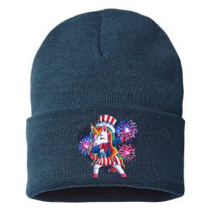 Funny Fourth Of July Fireworks Dabbing Unicorn Sustainable Knit Beanie