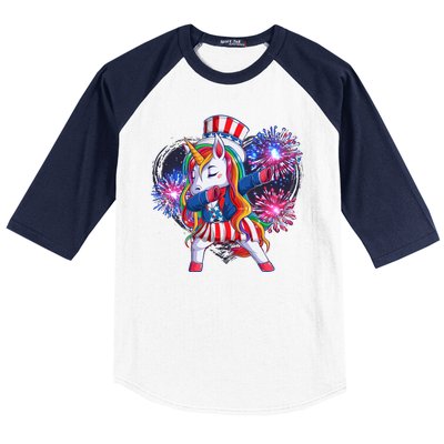 Funny Fourth Of July Fireworks Dabbing Unicorn Baseball Sleeve Shirt