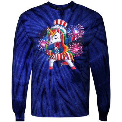 Funny Fourth Of July Fireworks Dabbing Unicorn Tie-Dye Long Sleeve Shirt