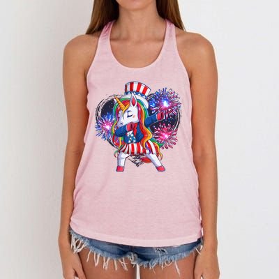 Funny Fourth Of July Fireworks Dabbing Unicorn Women's Knotted Racerback Tank