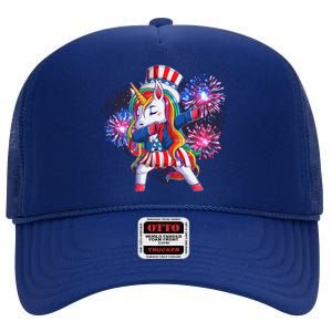 Funny Fourth Of July Fireworks Dabbing Unicorn High Crown Mesh Back Trucker Hat