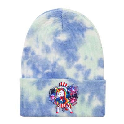 Funny Fourth Of July Fireworks Dabbing Unicorn Tie Dye 12in Knit Beanie