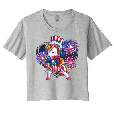 Funny Fourth Of July Fireworks Dabbing Unicorn Women's Crop Top Tee