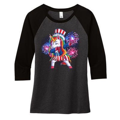 Funny Fourth Of July Fireworks Dabbing Unicorn Women's Tri-Blend 3/4-Sleeve Raglan Shirt