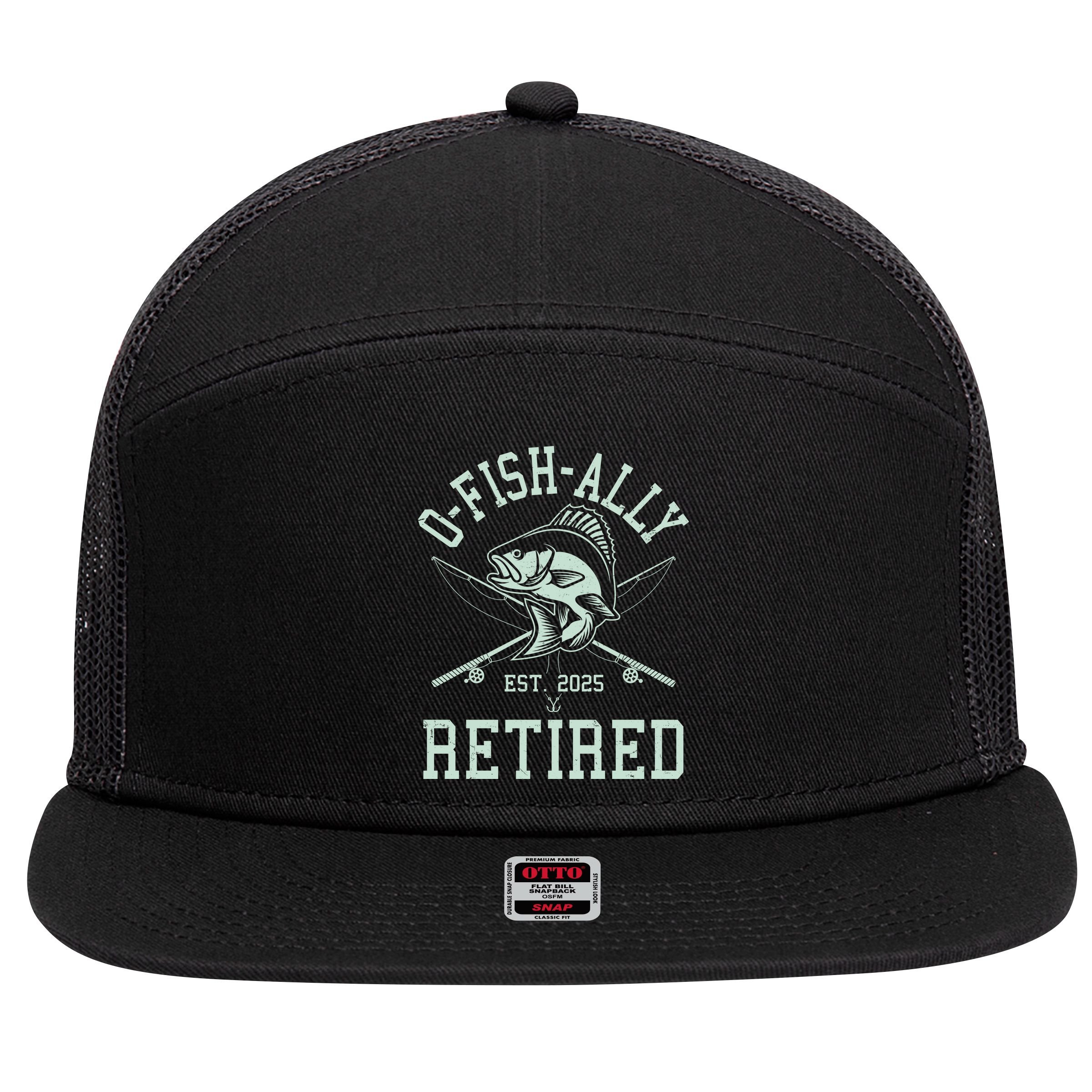 Funny Fishing Ofishally Retired Est 2025 7 Panel Mesh Trucker Snapback Hat