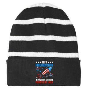 Firecracker Fourth Of July Celebration Graphic Striped Beanie with Solid Band