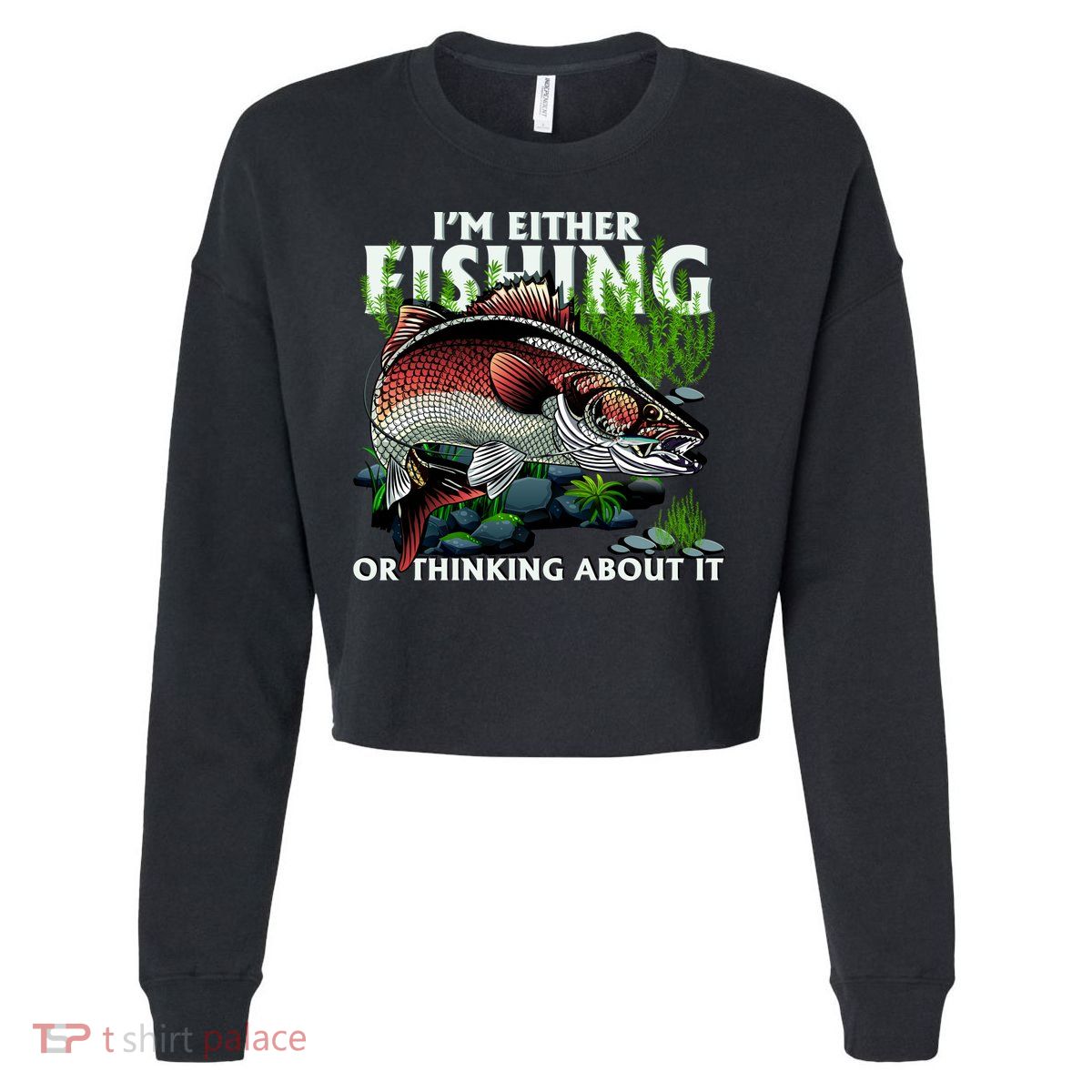 Funny Fishing Or Thinking About It Cropped Pullover Crew