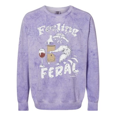 Feeling Feral Opossum Raccoon And Wine Feral Girl Summer Colorblast Crewneck Sweatshirt