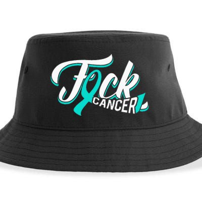 Funny Fuck Ovarian Cancer Teal Ribbon Gift Cancer Survivor Sustainable Bucket Hat