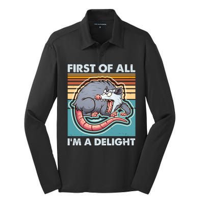 Funny First Of All Im A Delight Screaming Opossum Silk Touch Performance Long Sleeve Polo