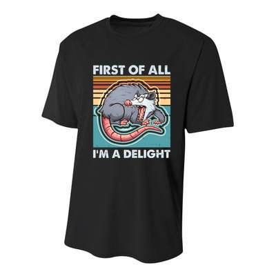 Funny First Of All Im A Delight Screaming Opossum Youth Performance Sprint T-Shirt