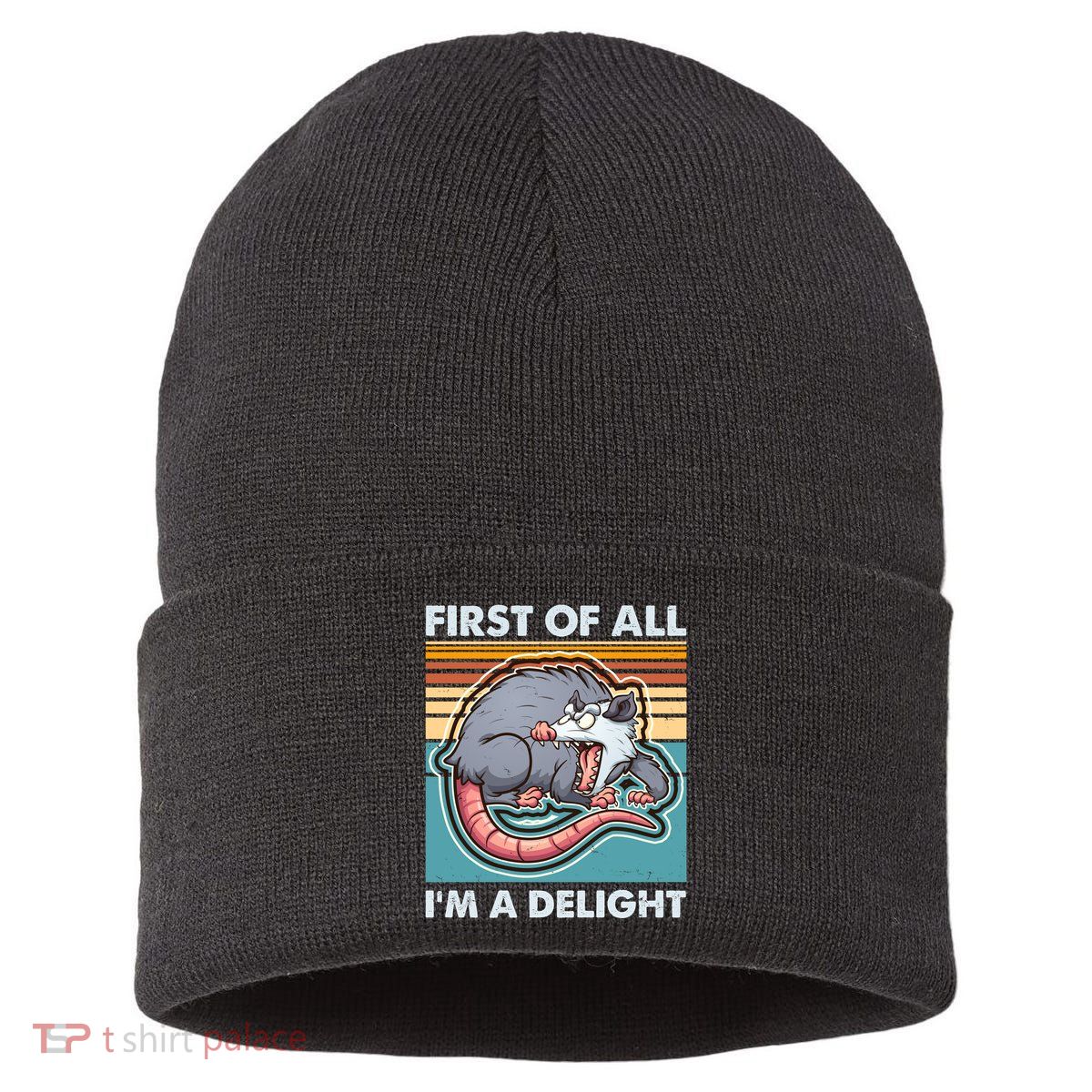 Funny First Of All Im A Delight Screaming Opossum Sustainable Knit Beanie