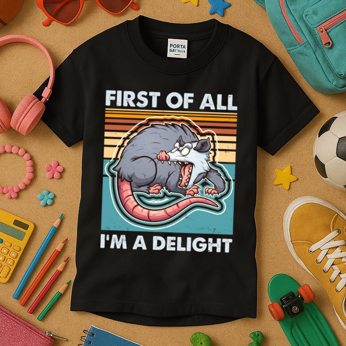 Funny First Of All Im A Delight Screaming Opossum Kids T-Shirt