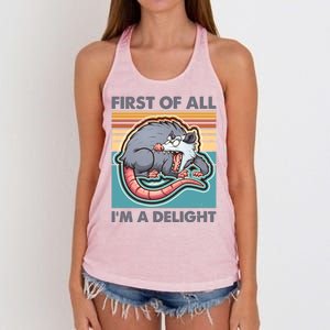 Funny First Of All Im A Delight Screaming Opossum Women's Knotted Racerback Tank