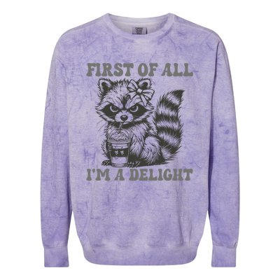 Funny First Of All I Am A Delight Sarcastic Angry Opossum Colorblast Crewneck Sweatshirt