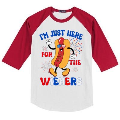 Funny Fouth Of July IM Just Here For The Wieners Hotdog Lover Kids Colorblock Raglan Jersey