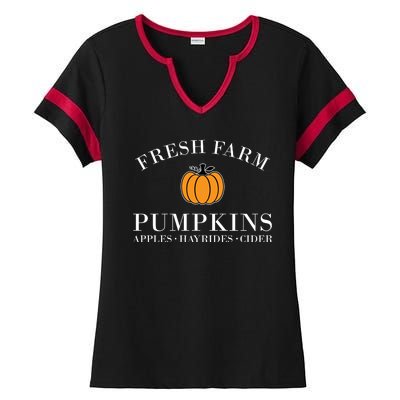 Fresh Farm Pumpkins Apples Hayrides Cider Ladies Halftime Notch Neck Tee