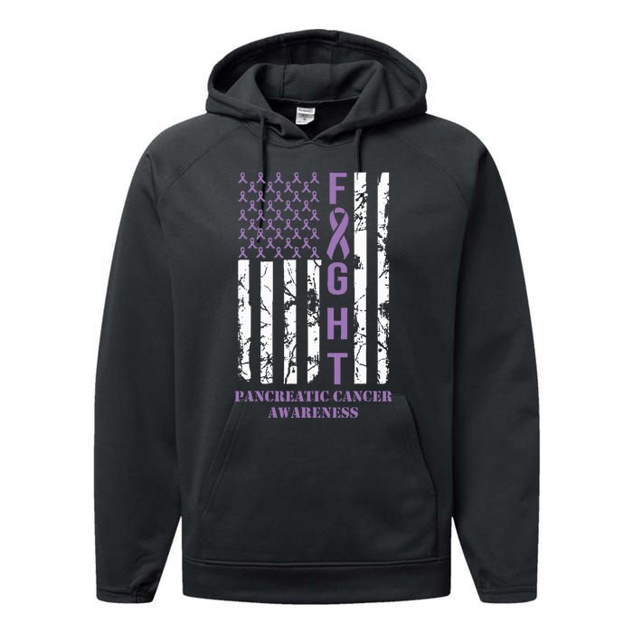 Fight Flag Purple Ribbon Support Pancreatic Cancer Awareness Performance Fleece Hoodie