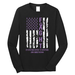 Fight Flag Purple Ribbon Support Pancreatic Cancer Awareness Long Sleeve Shirt