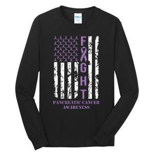 Fight Flag Purple Ribbon Support Pancreatic Cancer Awareness Tall Long Sleeve T-Shirt