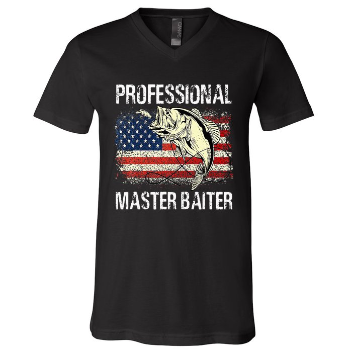 Funny Fishing Professional Master Baiter Retro American Flag V-Neck T-Shirt