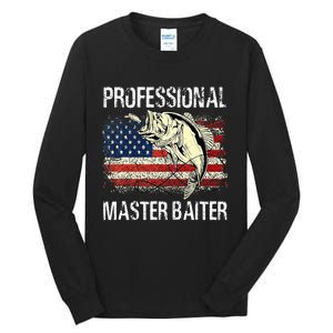 Funny Fishing Professional Master Baiter Retro American Flag Tall Long Sleeve T-Shirt