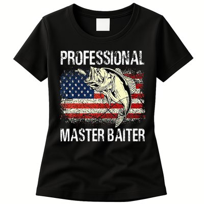 Funny Fishing Professional Master Baiter Retro American Flag Womens T-Shirt