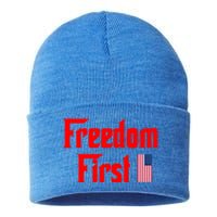 Freedom First Patriotic America First Liberty Constitution Funny Gift Sustainable Knit Beanie