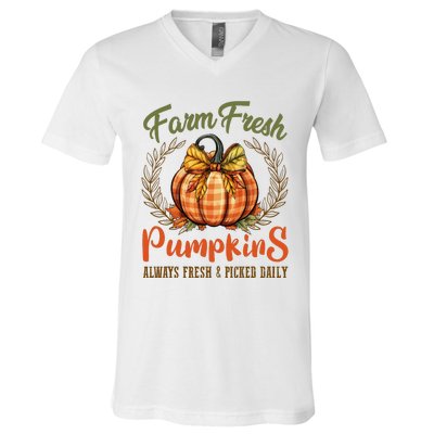 Farm Fresh Pumpkins Fun Autumn Halloween Thanksgiving Fall V-Neck T-Shirt