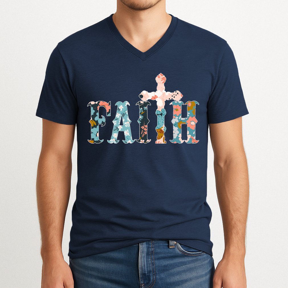 Floral Flower Print Faith V-Neck T-Shirt