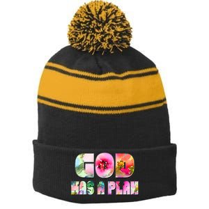 Floral Flower Print God Has A Plan Stripe Pom Pom Beanie