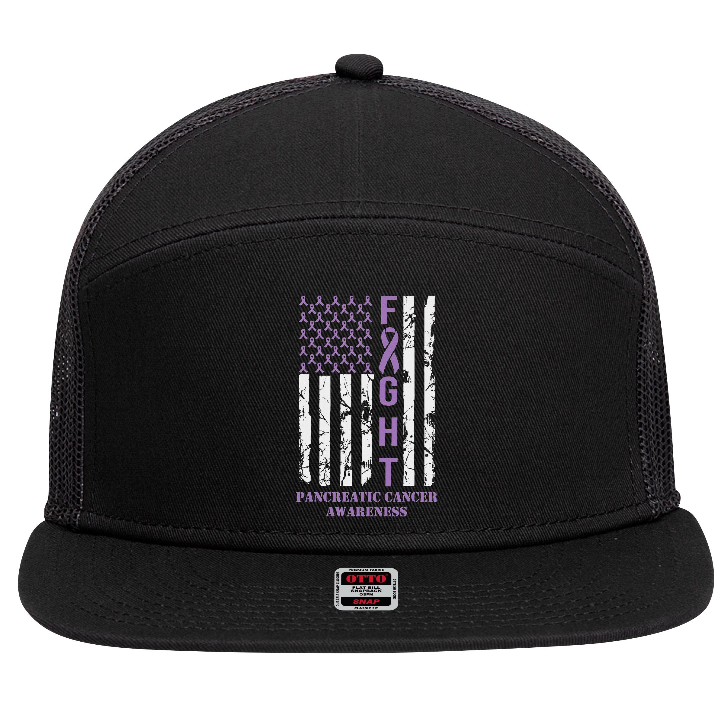 Fight Flag Purple Ribbon Support Pancreatic Cancer Awareness 7 Panel Mesh Trucker Snapback Hat