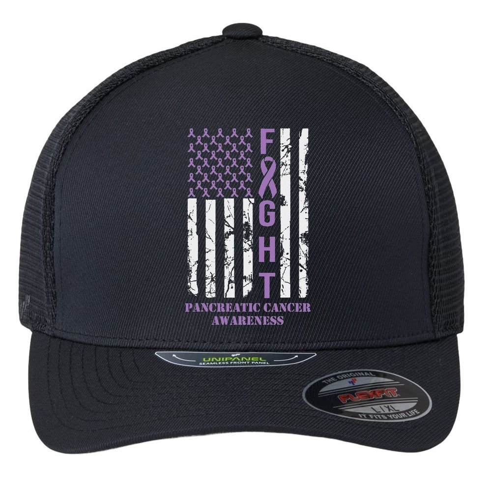 Fight Flag Purple Ribbon Support Pancreatic Cancer Awareness Flexfit Unipanel Trucker Cap