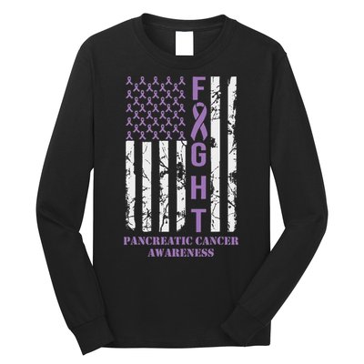 Fight Flag Purple Ribbon Support Pancreatic Cancer Awareness Long Sleeve Shirt
