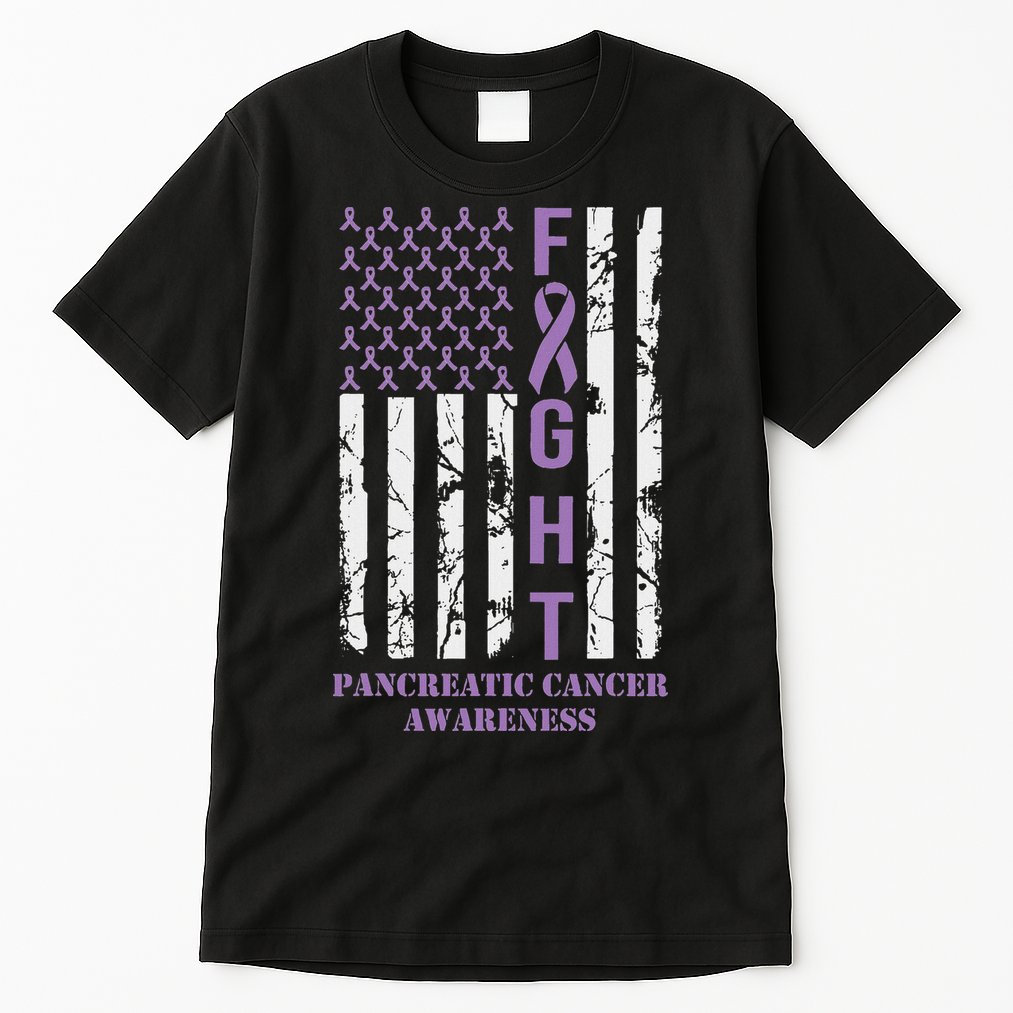 Fight Flag Purple Ribbon Support Pancreatic Cancer Awareness Tall T-Shirt