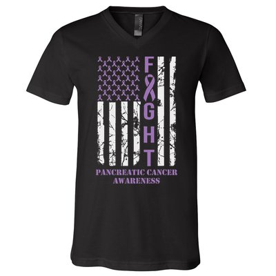 Fight Flag Purple Ribbon Support Pancreatic Cancer Awareness V-Neck T-Shirt